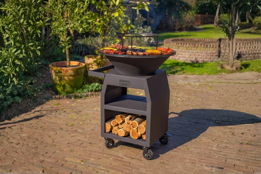 BBQ Plancha Grill Maestro Ø70cm Blackline - Met Grote wielen en houtopslag