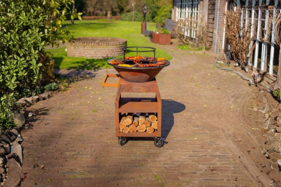 BBQ Plancha Grill Maestro Ø70cm Cortenstaal - Met Grote wielen en houtopslag