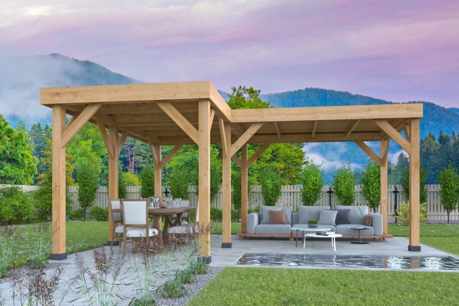 Tuindeco Beerze prieel 620x520 cm L-Vorm Douglas blank - Bouwpakket