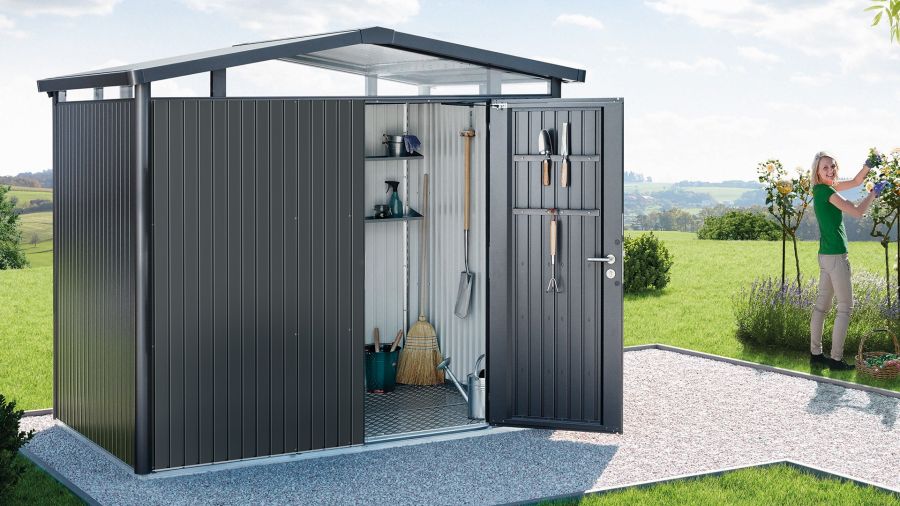 Panorama metalen tuinhuis met standaard deur