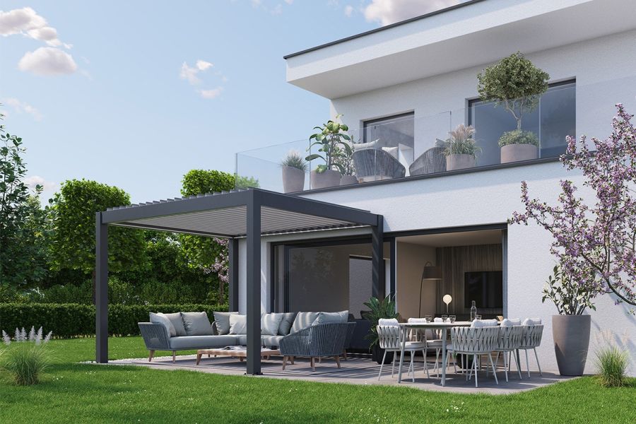 Biohort aluminium Pergola donkergrijs 450x350 cm donkergrijs lamellendak
