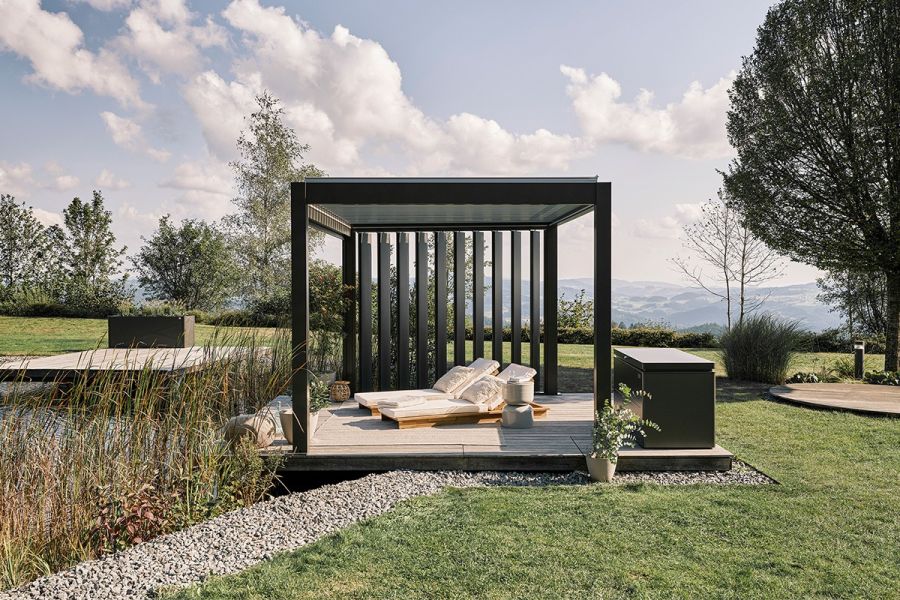 Biohort aluminium Pergola donkergrijs 550x350 cm zilver metallic lamellendak