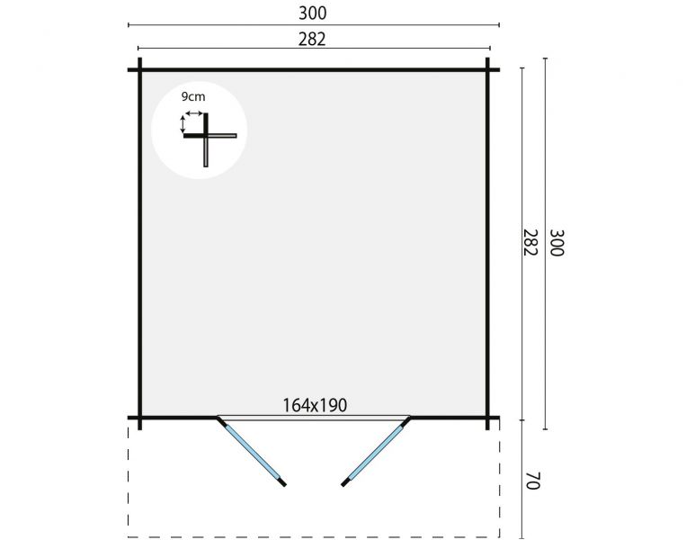 Blokhut Albacete 300x300 cm + luifel 70 cm - grijs geïmpregneerd