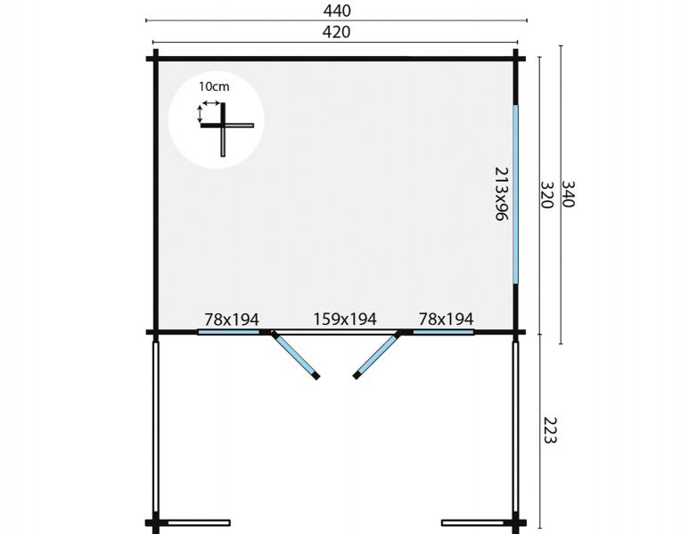 Blokhut Bolton 440x340 cm + luifel 200 cm - Red class wood - plattegrond