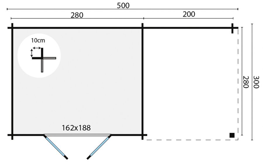 Blokhut Dora 300x300 cm + luifel 200 cm - honinggeel geïmpregneerd