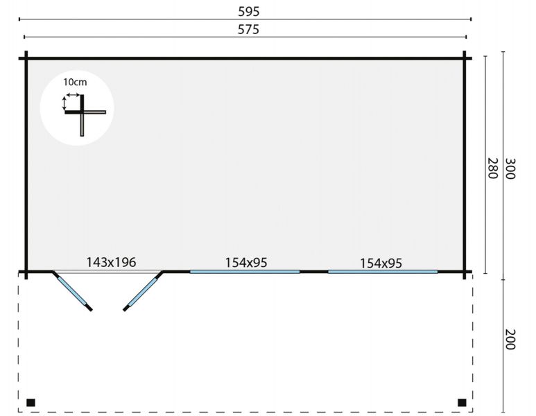 Blokhut Piet 595x300 cm + luifel 200 cm - grijs geïmpregneerd