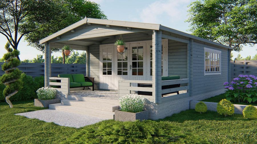 Tuindeco Wigan Blokhut 540x540 cm + luifel 200 cm 58 mm vuren groen geïmpregneerd
