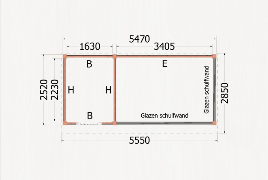 Buitenverblijf Refter XL - 555x285 cm - plattegrond