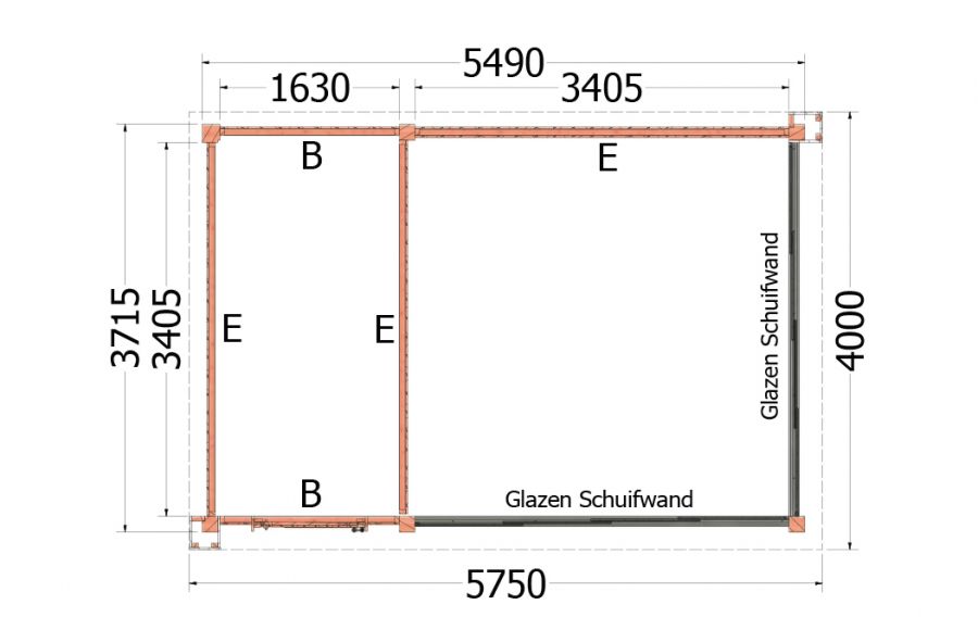 Buitenverblijf Verona 575x400 cm - Plat dak model links - combinatie 1 - plattegrond