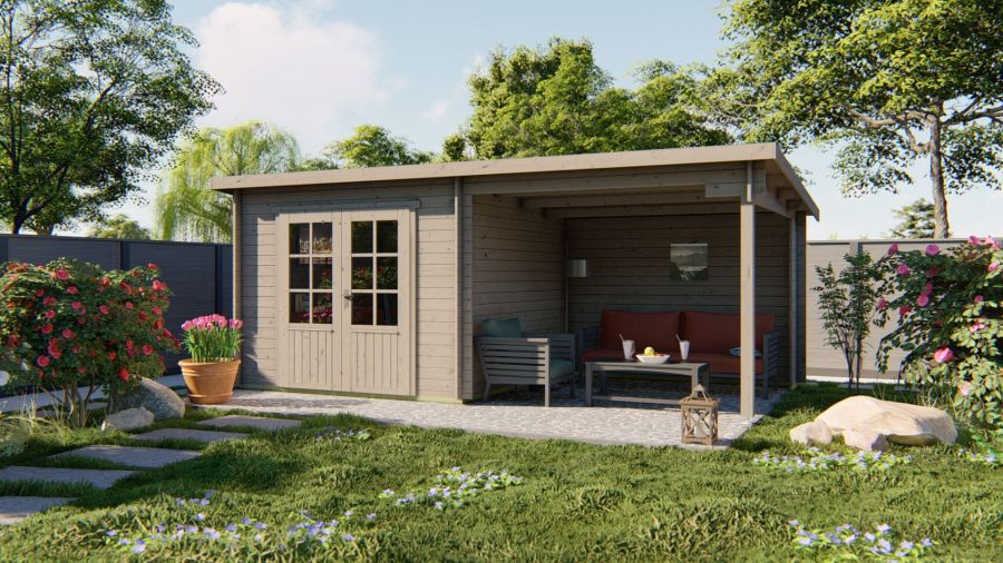 Tuindeco Chappo Blokhut 300x300 cm + luifel 298 cm 28 mm vuren red class wood geïmpregneerd