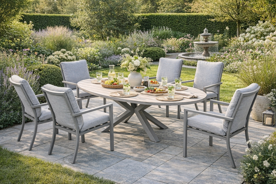 Garden Impressions Vera diningset taupe / light teak tafel en 6 taupe valley sand fauteuils