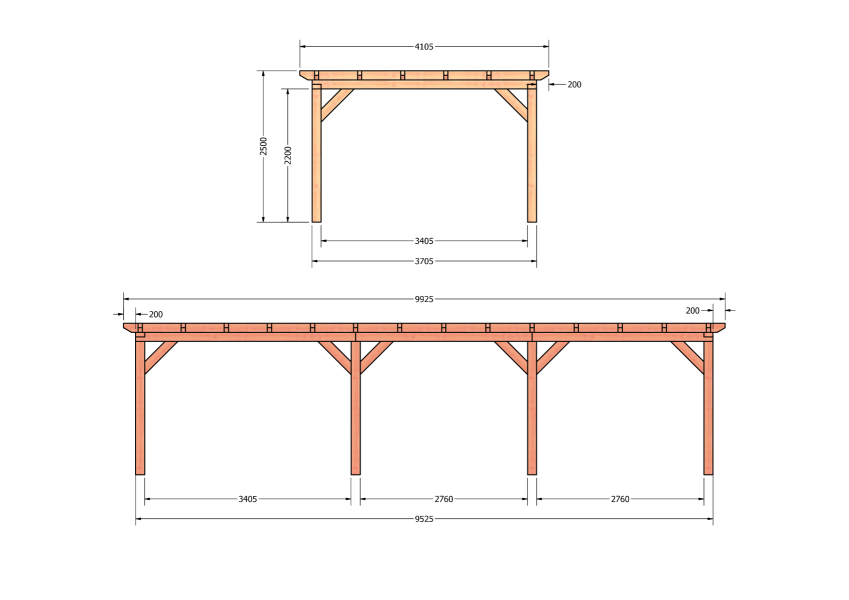 Bouwpakket overkapping 992,5x410,5 cm fijnbezaagd Douglas