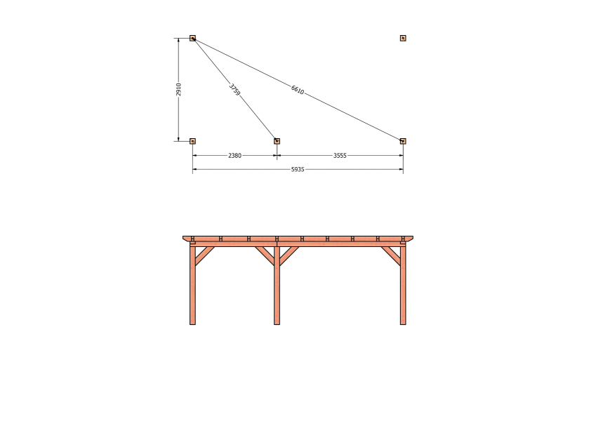 Bouwpakket aanbouwveranda 648,5x326 cm links fijnbezaagd Douglas