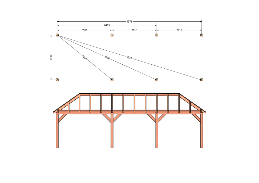Bouwpakket schilddak 992,5x346 cm fijnbezaagd Douglas