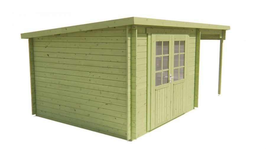 Tuindeco Dora Blokhut 300x300 cm + luifel 200 cm 28 mm vuren groen geïmpregneerd
