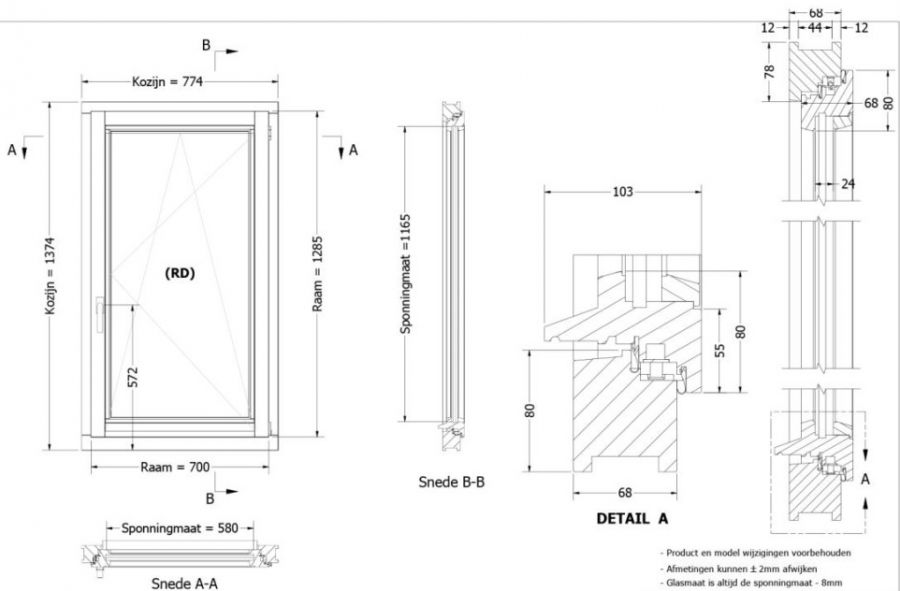 Draai/kiepraam - 77,4x137,4 cm - rechtsdraaiend - wit - incl. raambeslag