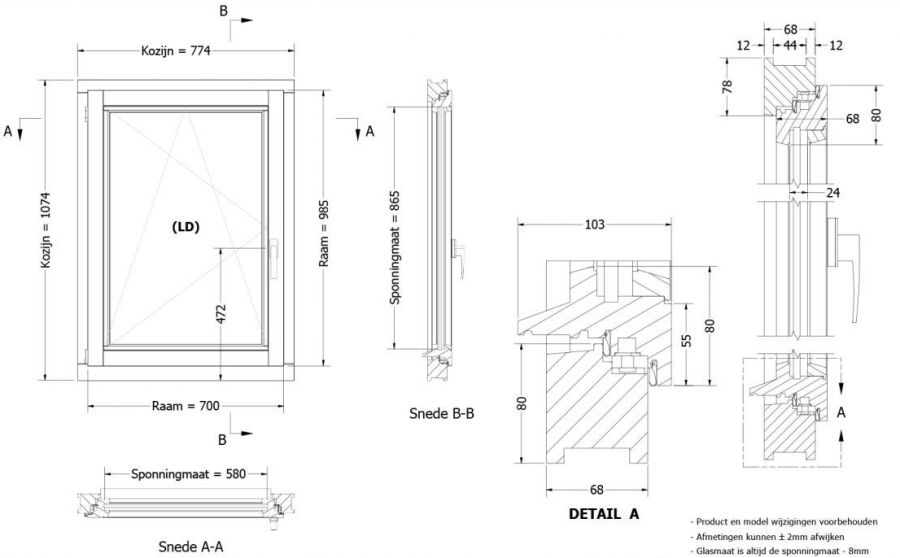 Draai-kiepraam rechtsdraaiend zwart - 77,4x107,4 cm - afmetingen
