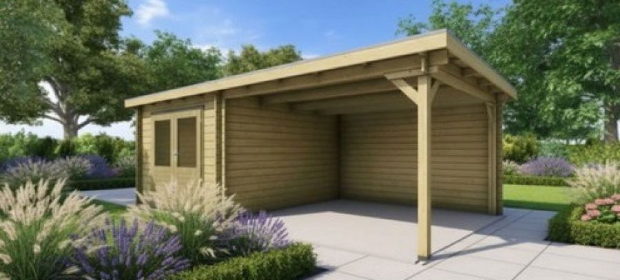 Classicline Blokhut Drenthe vuren groen geïmpregneerd 250x300 cm + overkapping 300 cm