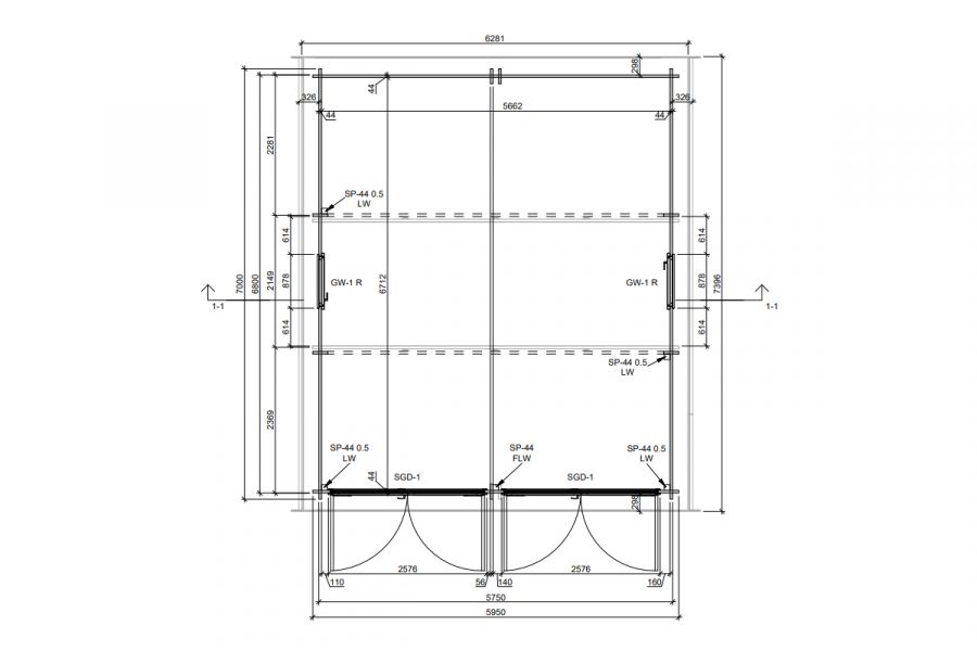 Dubbele garage 44 mm - 595x700 cm - onbehandeld