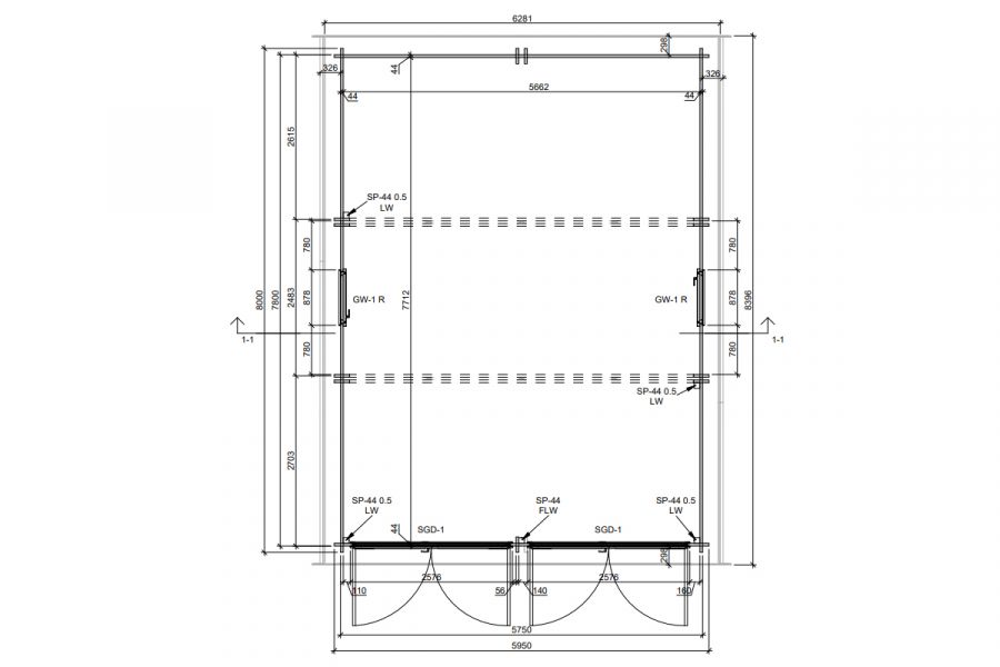 Dubbele garage 44 mm - 595x800 cm - onbehandeld