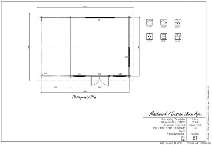 Blokhut/Tuinhuis Eethen 600x400 cm - Plattegrond