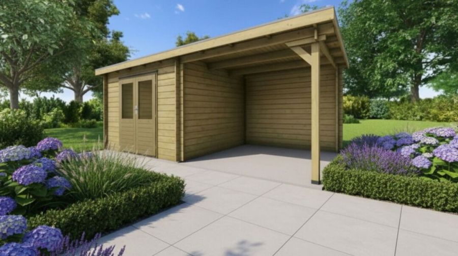 Classicline Blokhut Gelderland 300x250 cm + overkapping 250 cm vuren groen geïmpregneerd