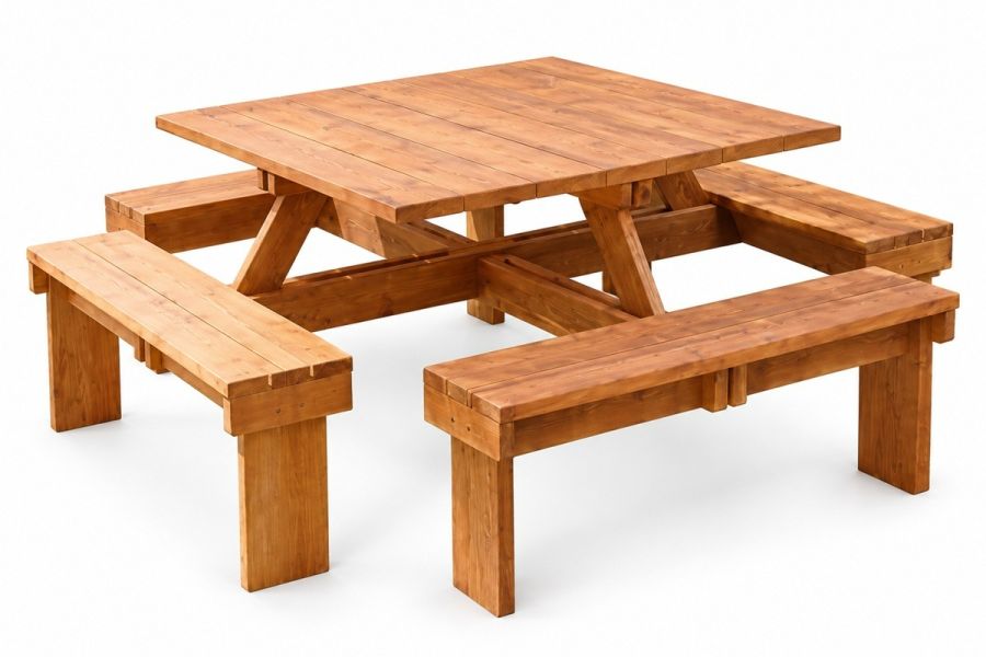 Vierkante picknicktafel met 4 bankjes van hardhout