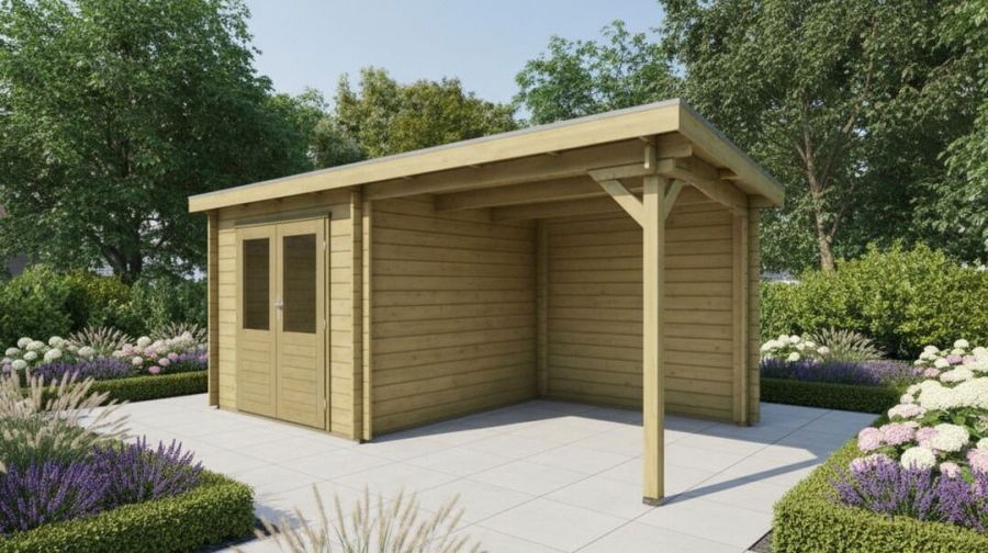 Classicline Blokhut Limburg vuren groen geïmpregneerd 250x250 cm + overkapping 250 cm