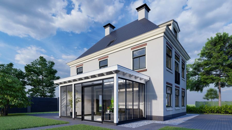 Trendhout Aanbouwveranda Lucca 645x390 cm - Plat dak model rechts