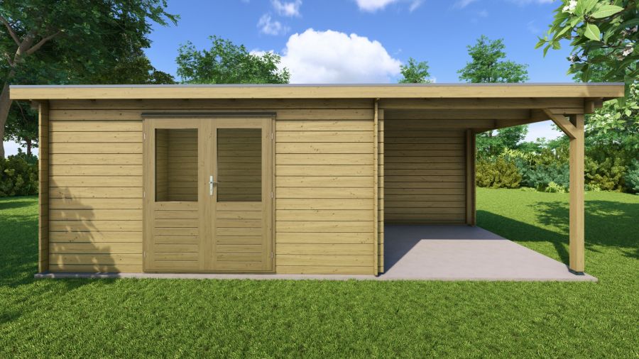 Classicline Blokhut Flevoland vuren groen geïmpregneerd 400x250 cm + overkapping 250 cm