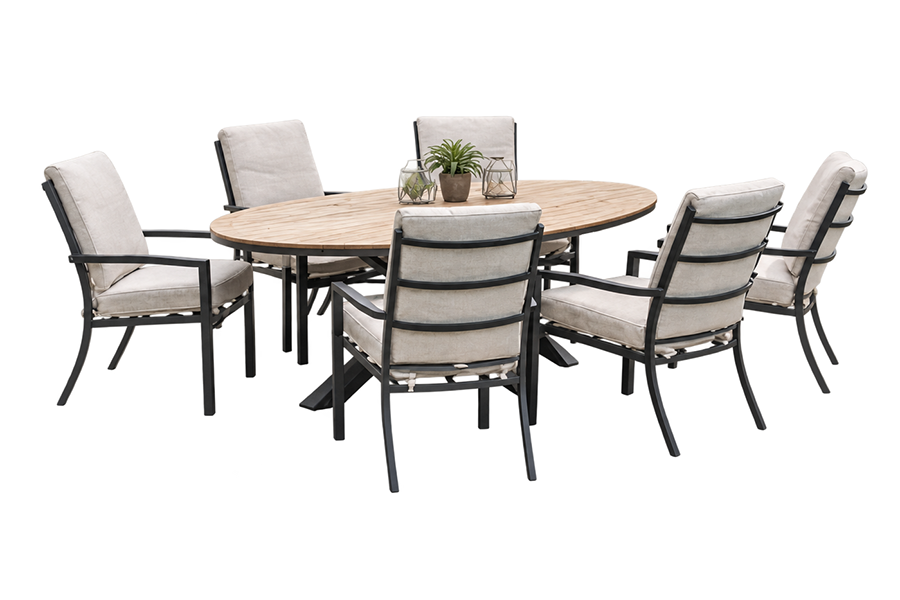 Garden Impressions Luma diningset - carbon black light teak tafel en 6 carbon black desert sand fauteuils
