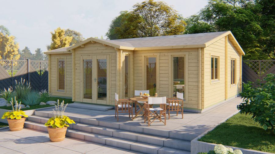 Tuindeco Mullingar Blokhut 850x690 cm + luifel 100 cm 70 mm vuren honing geïmpregneerd