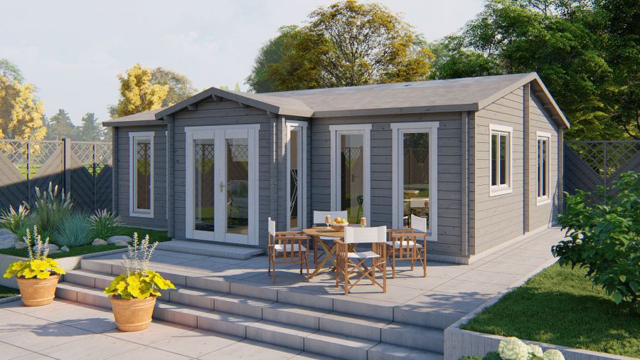 Tuindeco Mullingar Blokhut 850x690 cm + luifel 100 cm 70 mm vuren honing geïmpregneerd