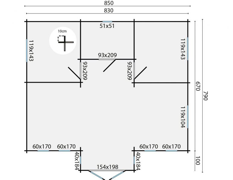 Tuindeco Mullingar Blokhut 850x690 cm + luifel 100 cm 70 mm vuren honing geïmpregneerd