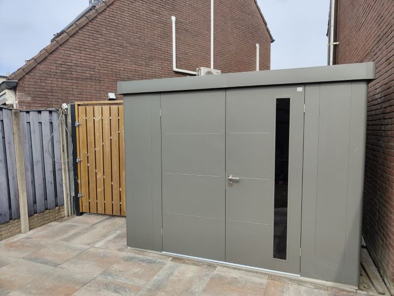 Biohort Metalen tuinhuis Neo - Dubbele deur - Kwartsgrijs - 4C (292x348 cm)
