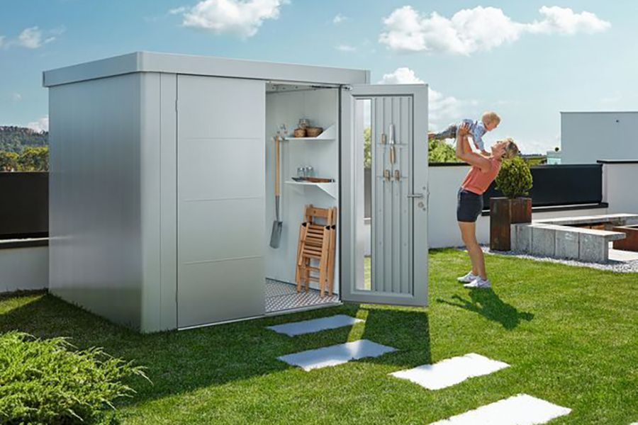 Biohort Metalen tuinhuis Neo - Dubbele deur - Kwartsgrijs - 2B (236x236 cm)