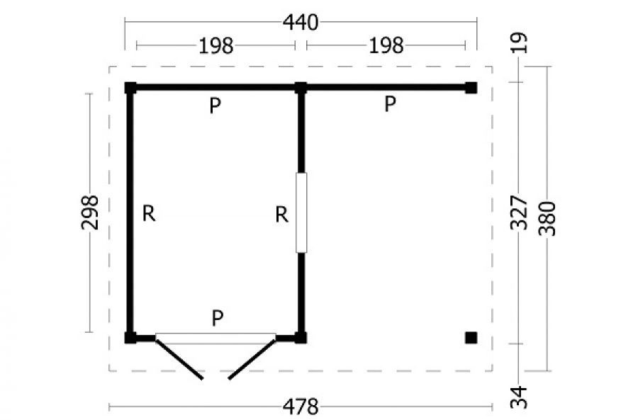 Plattegrond Overkapping Oslo L type 4 zwart 478x380 cm