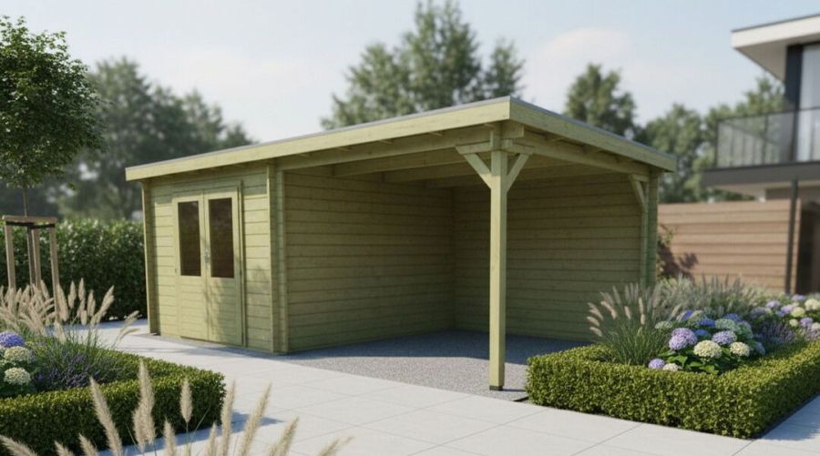 Classicline Blokhut Overijssel vuren groen geïmpregneerd 300x300 + overkapping 300 cm