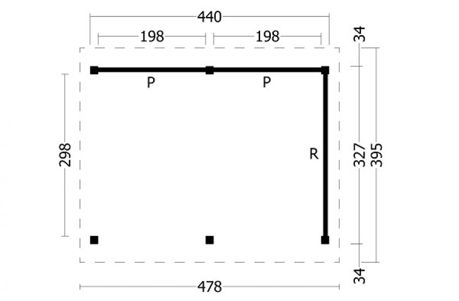 Plattegrond Overkapping Hamar L type 2 zwart 478x395 cm