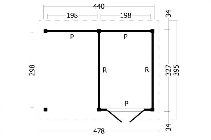 Plattegrond Overkapping Hamar L type 3 zwart 478x395 cm
