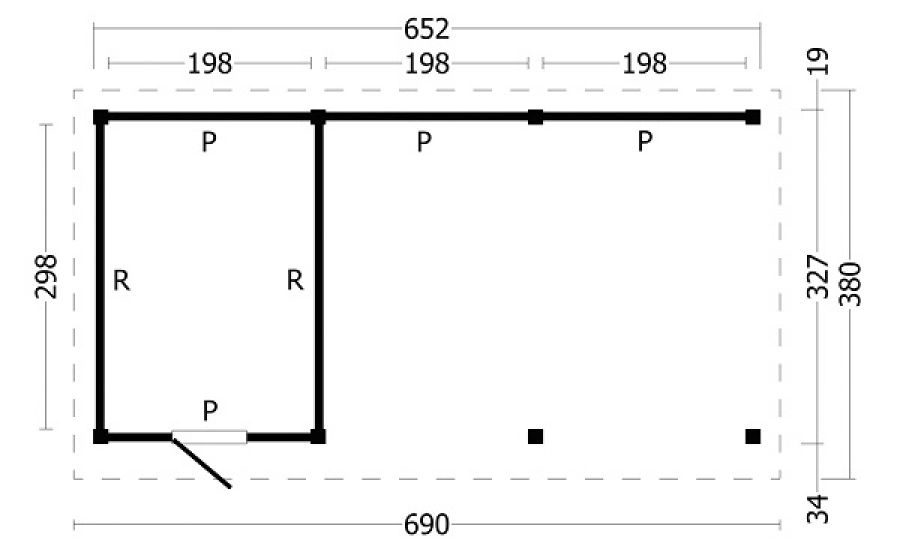 Plattegrond Overkapping Oslo L type 7 zwart 690x380 cm