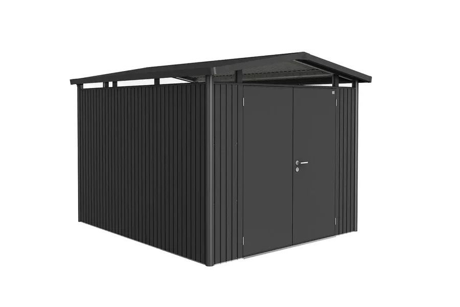 Biohort metalen tuinhuis Panorama Gr. P5 met dubbele deur 273x318 cm zilvergrijs metallic