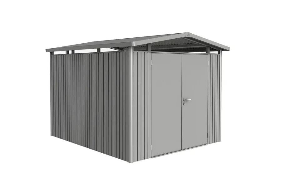 Biohort metalen tuinhuis Panorama Gr. P5 met dubbele deur 273x318 cm zilvergrijs metallic