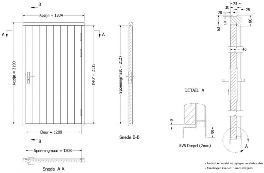 Plaatdeur enkel XL - rechtsdraaiend - 120x211,5 cm + kozijn 133,4x218,9 cm - zwart (incl. hang en sluitwerk)