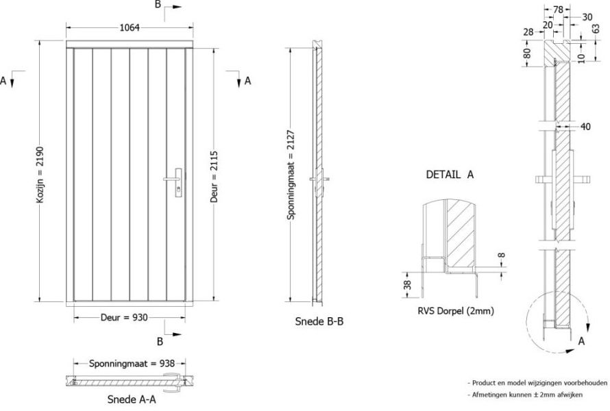 Plaatdeur enkel rechtsdraaiend - 93x211,5 cm + kozijn 106,4x218,9 cm - zwart (incl. hang en sluitwerk)