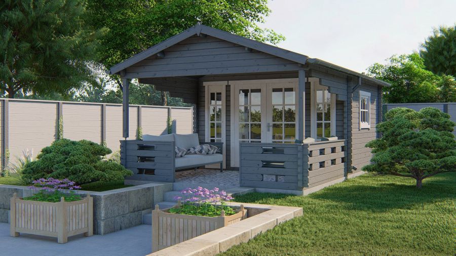 Blokhut Sanstrov 380x320 cm + luifel 270 cm - Grijs geïmpregneerd