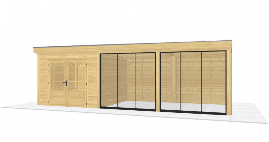 Blokhut Hulst 300x300 cm + overkapping 500x300 cm Douglas blank met vuren rabat wanden zwart (Incl. EPDM)