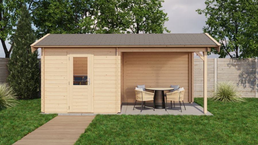 Lugarde Select Blokhut met overkapping Markelo 250x250cm + 300cm - Onbehandeld