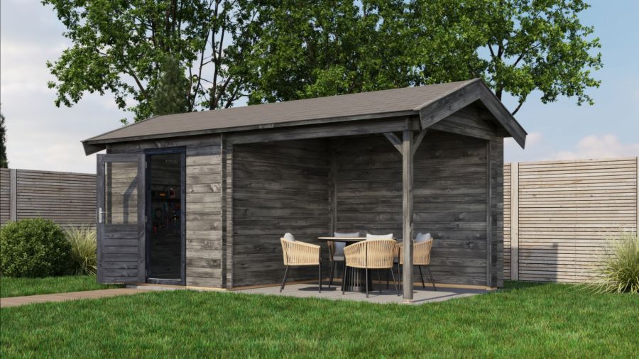 Lugarde Select Blokhut met overkapping Markelo 250x250cm + 300cm - Keteldruk Grijs