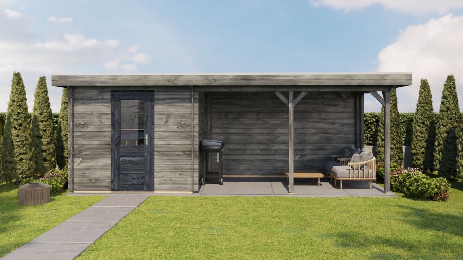 Lugarde Select Blokhut met overkapping Ede 250x250cm + 400cm - Keteldruk Grijs